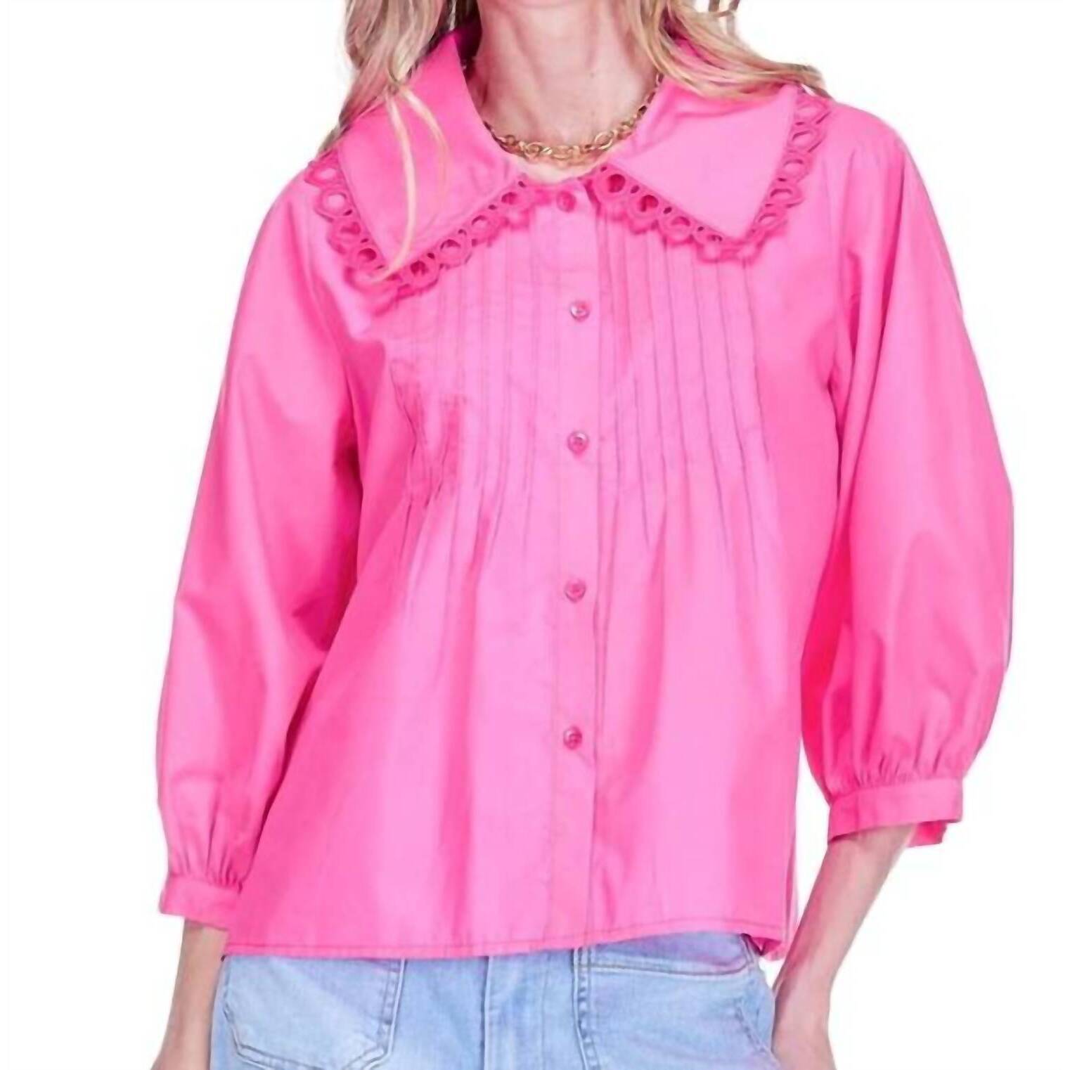 New Joy Joy Pin Tuck Collar Blouse In Hot Pink